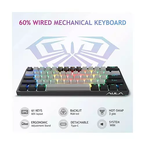 Aula F3261 RGB Hot Swap Blue Switch Wired Mechanical Gaming Keyboard (Black Gray) - 3