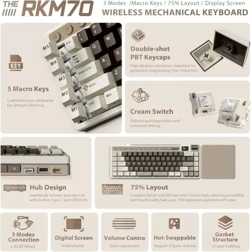 ROYAL KLUDGE RK M70 Hot Swappable Tri Mode Gaming Keyboard - Mocha Grey - 0