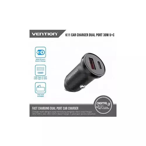 VENTION K11B0 30W 2-Port USB(A+C) Car Charger - Black - 1