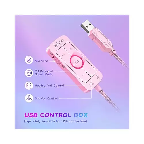 FIFINE AmpliGame H9 3.5mm 7.1 Surround Sound Headset with USB Control Box (Pink) - 4