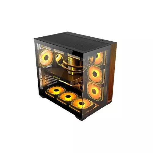 PC POWER DARK WOOD Mid Tower ATX Tempered Glass Desktop Case With 10 Pre-Installed Fans - 1