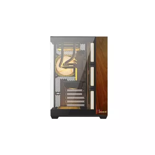 PC POWER DARK WOOD Mid Tower ATX Tempered Glass Desktop Case With 10 Pre-Installed Fans - 3