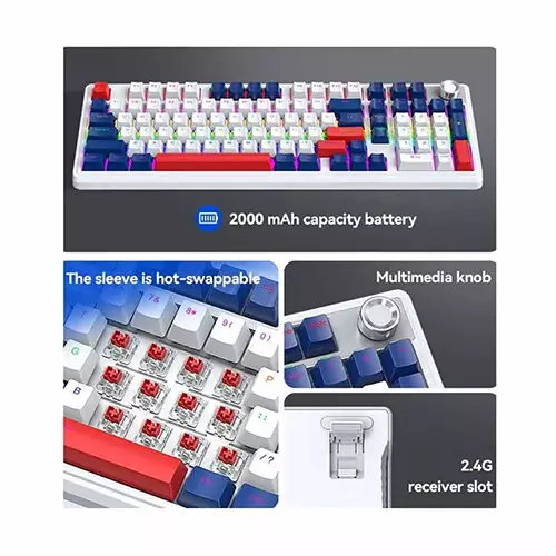 T-WOLF T78 RGB Tri Mode Red Switch Mechanical Gaming Keyboard (White) - 0
