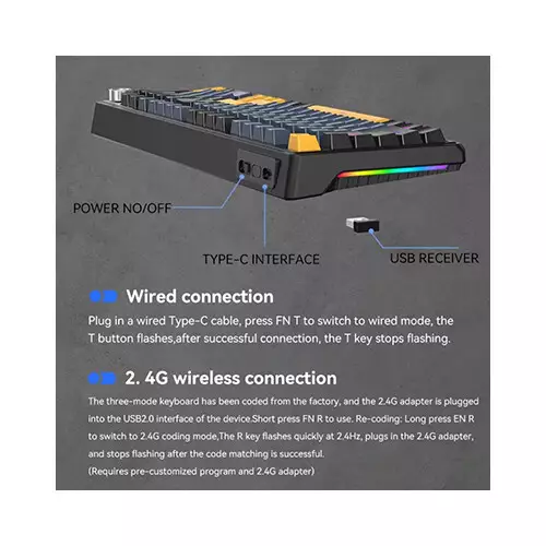 T-WOLF T78 RGB Tri Mode Red Switch Mechanical Gaming Keyboard (Black) - 2