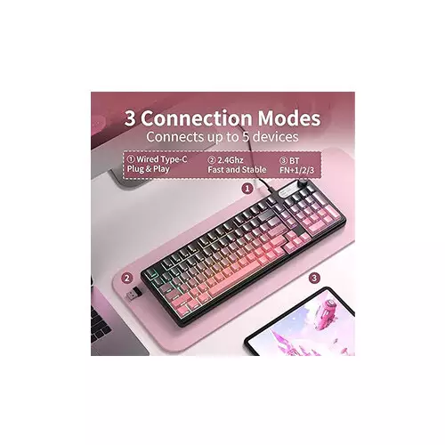 MageGee GK960 Tri-Mode RGB Gaming Keyboard (Black Pink) - 3