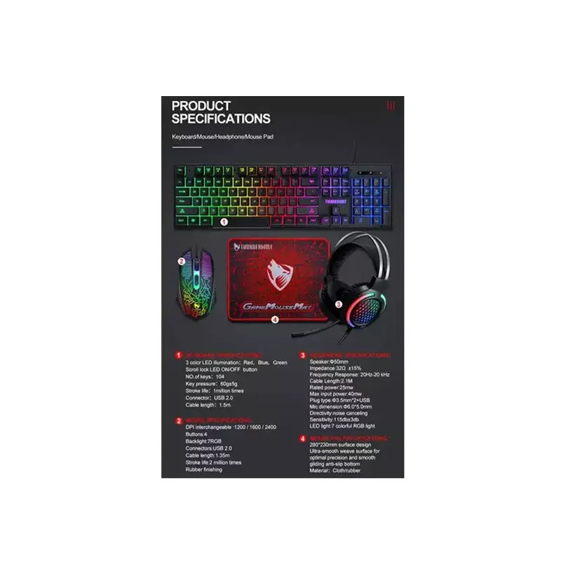 T-WOLF TF400 GAMING KEYBOARD MOUSE HEADSET MOUSE PAD 4 IN 1 COMBO - 5