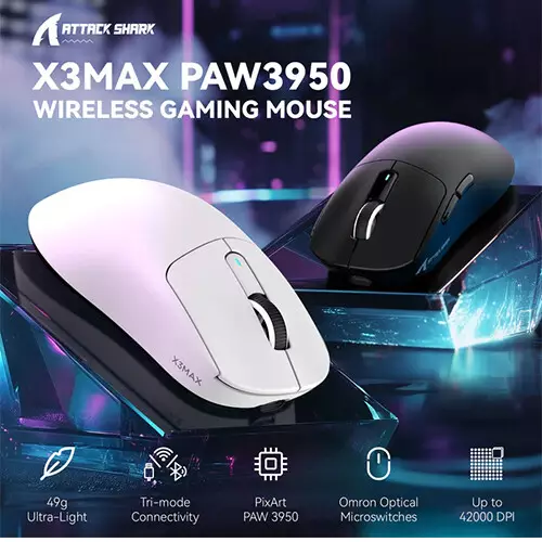 ATTACK SHARK X3 MAX Tri-mode PAW3950 42000DPI Gaming Mouse (White) - 1