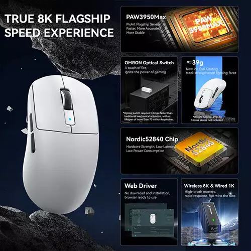 ATTACK SHARK R6 8K Tri-Mode 42000 DPI Gaming Mouse (White) - 3