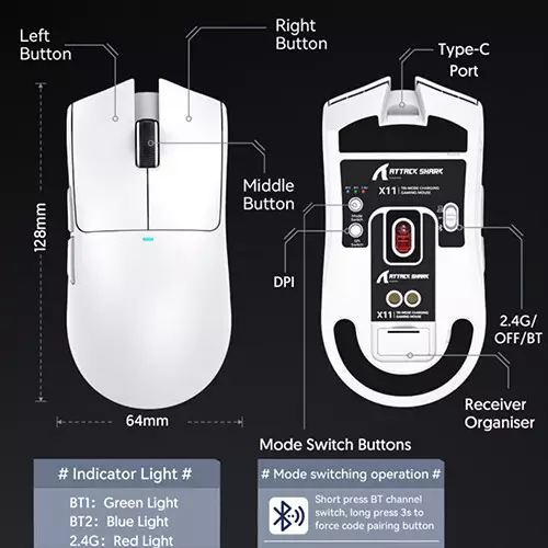 Attack Shark X11 22000 DPI Tri-Mode Gaming Mouse with RGB Charging DOCK (White) - 4